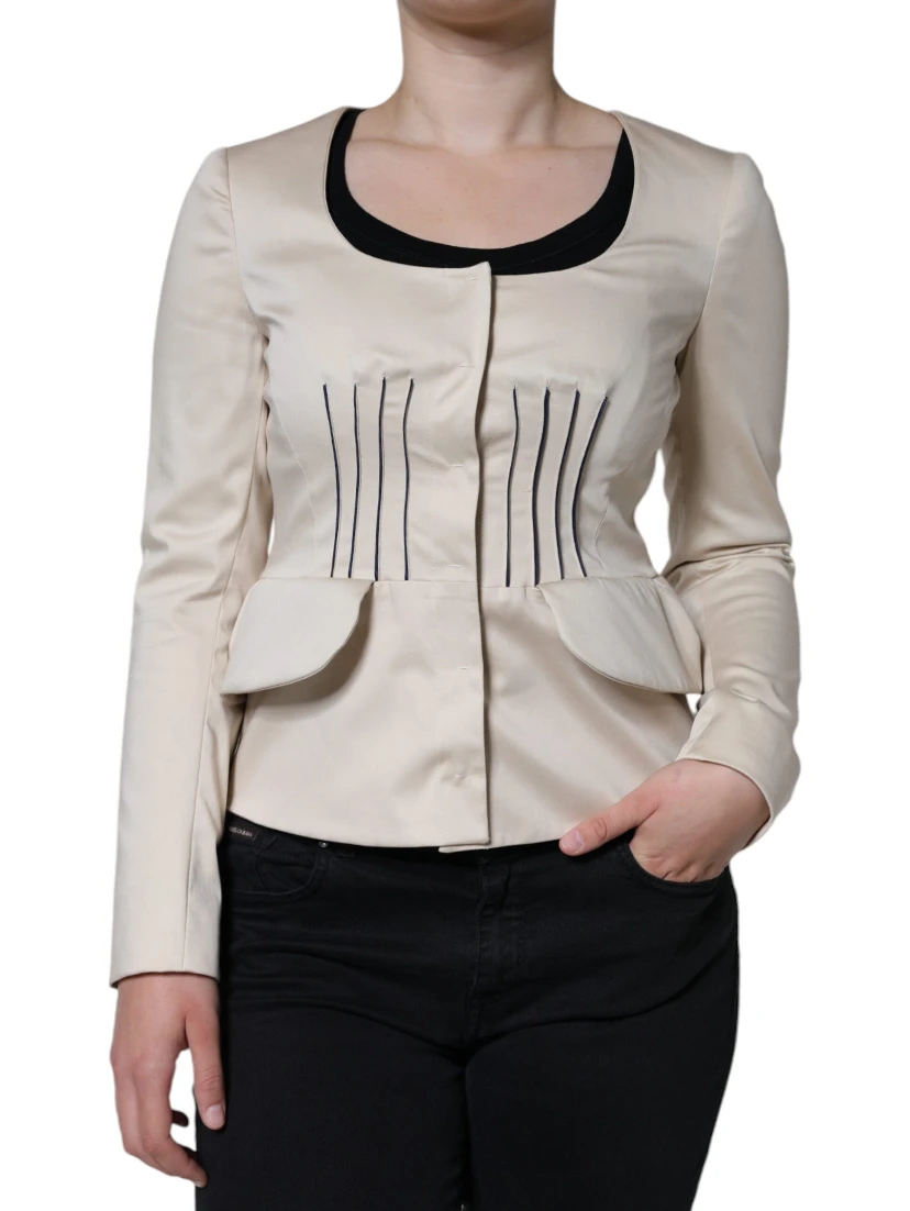 Beige Cotton Long Sleeves Round Neck Blazer Jacket