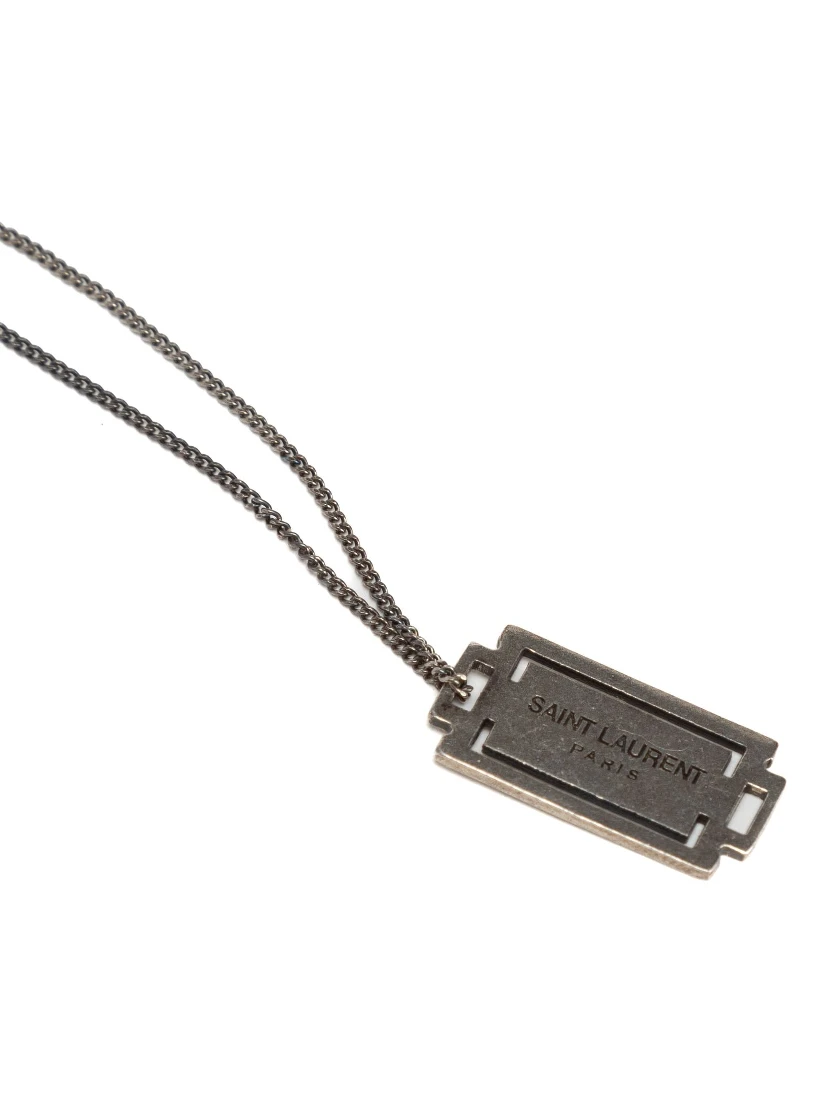 Saint Laurent Paris Gunmetal Tone Razor Blade Pendant Necklace