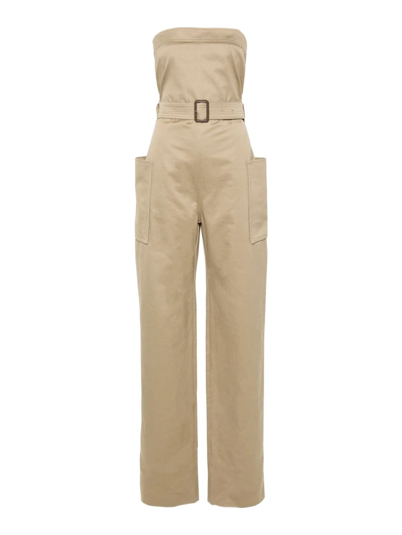 Strapless Belted Cotton Jumpsuit In Brown