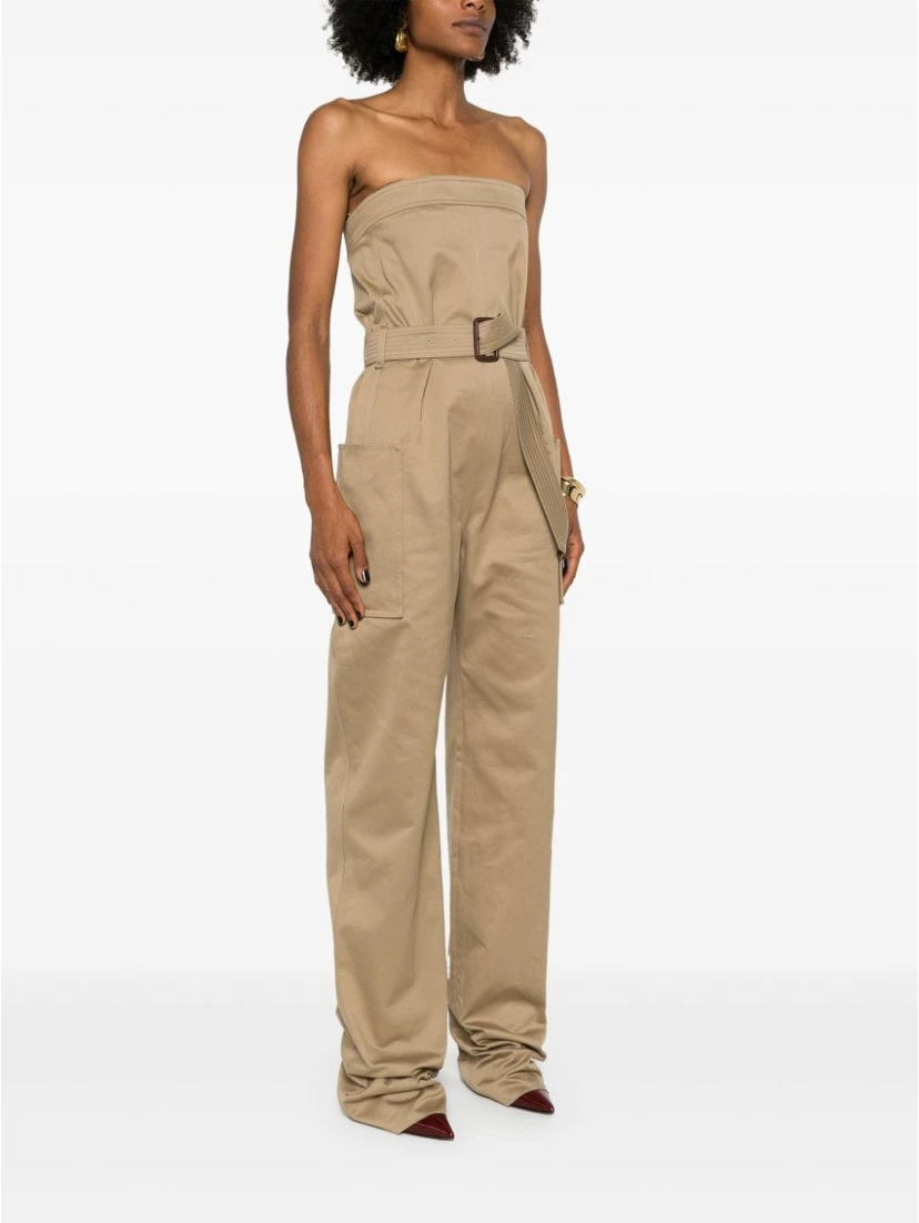 Strapless Belted Cotton Jumpsuit In Brown
