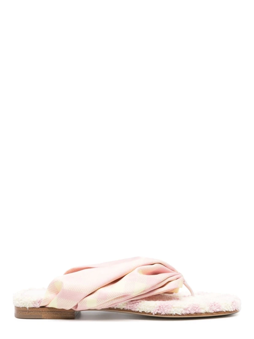 Check Print Leather Thong Sandals In White