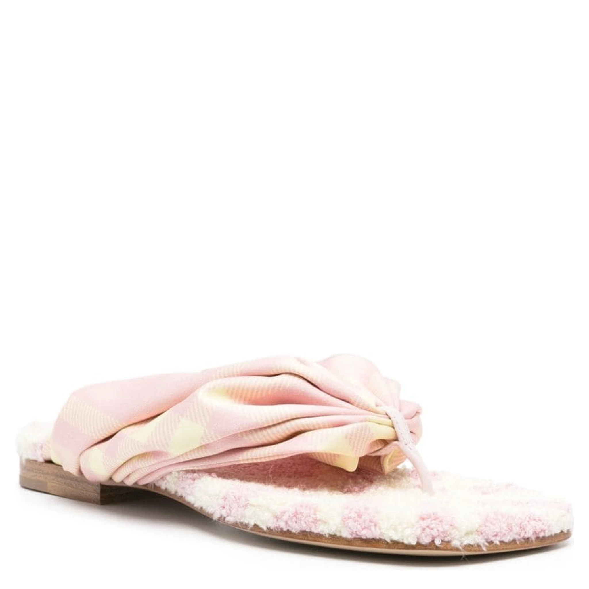 Check Print Leather Thong Sandals In White