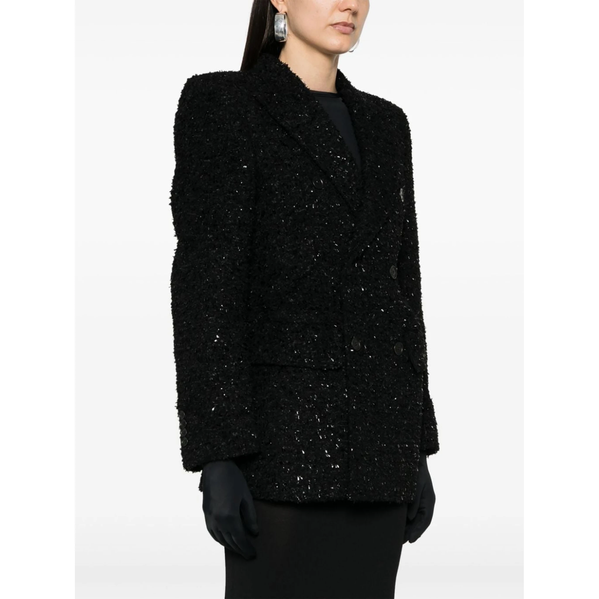 Double-breasted bouclé blazer in black