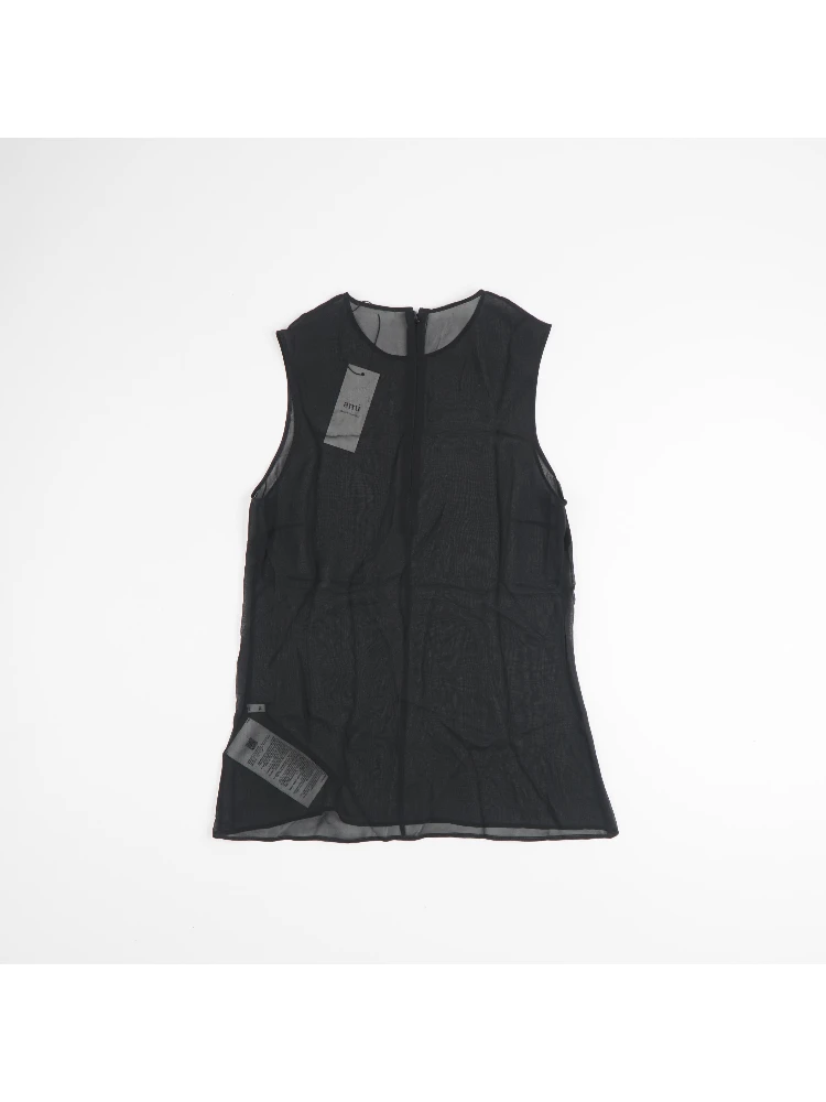Leather Trim Sleeveless Top With Round Neck In Black alternative