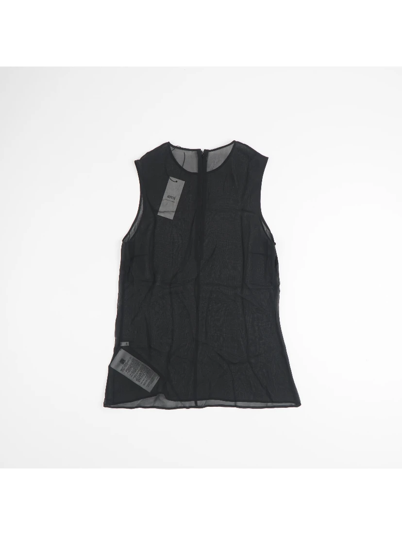 Leather Trim Sleeveless Top With Round Neck In Black