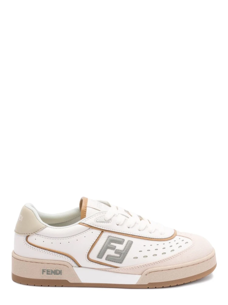 White and brown leather and suede low top sneaker