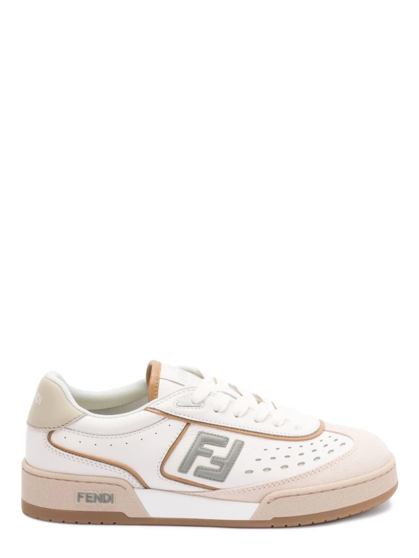 White and brown leather and suede low top sneaker