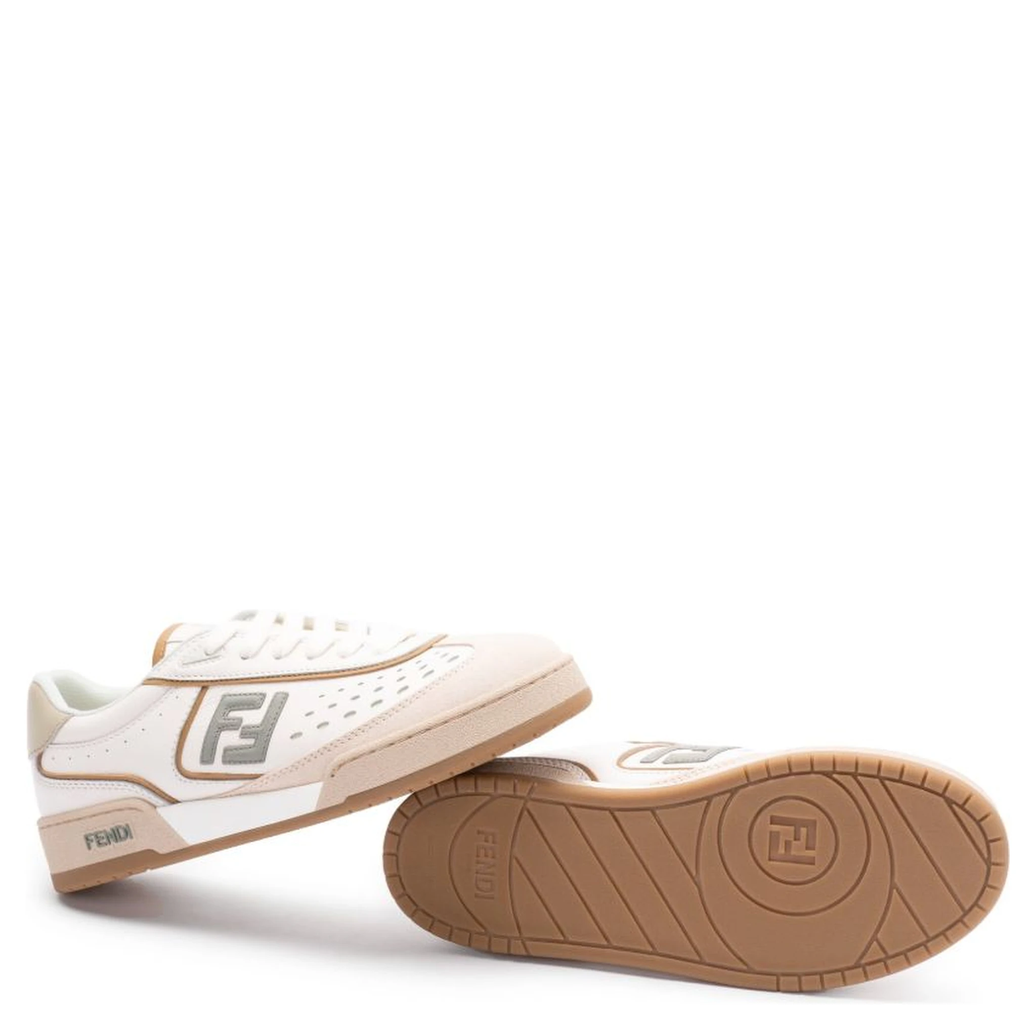 White and brown leather and suede low top sneaker