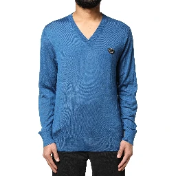Blue Cashmere Crown V-neck Pullover Sweater