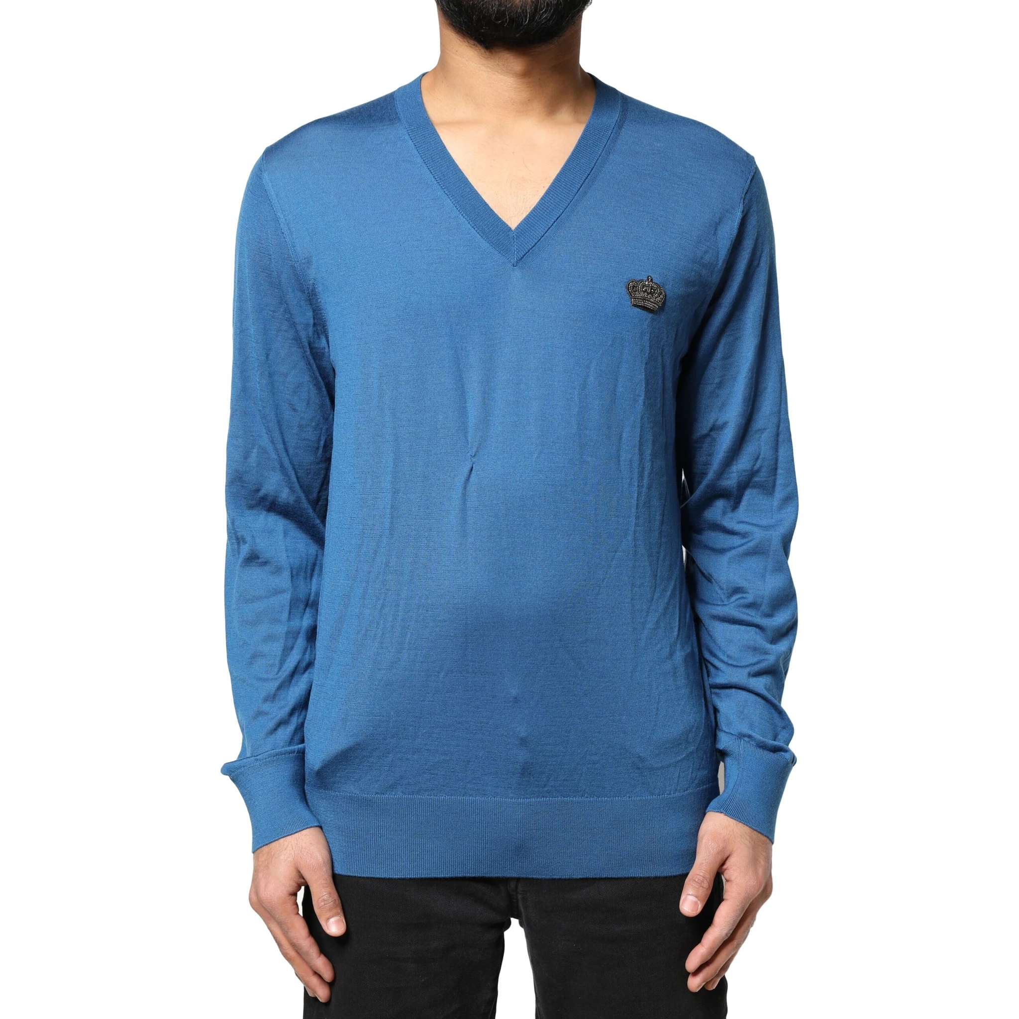 Blue Cashmere Crown V-neck Pullover Sweater