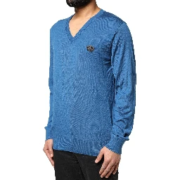 Blue Cashmere Crown V-neck Pullover Sweater