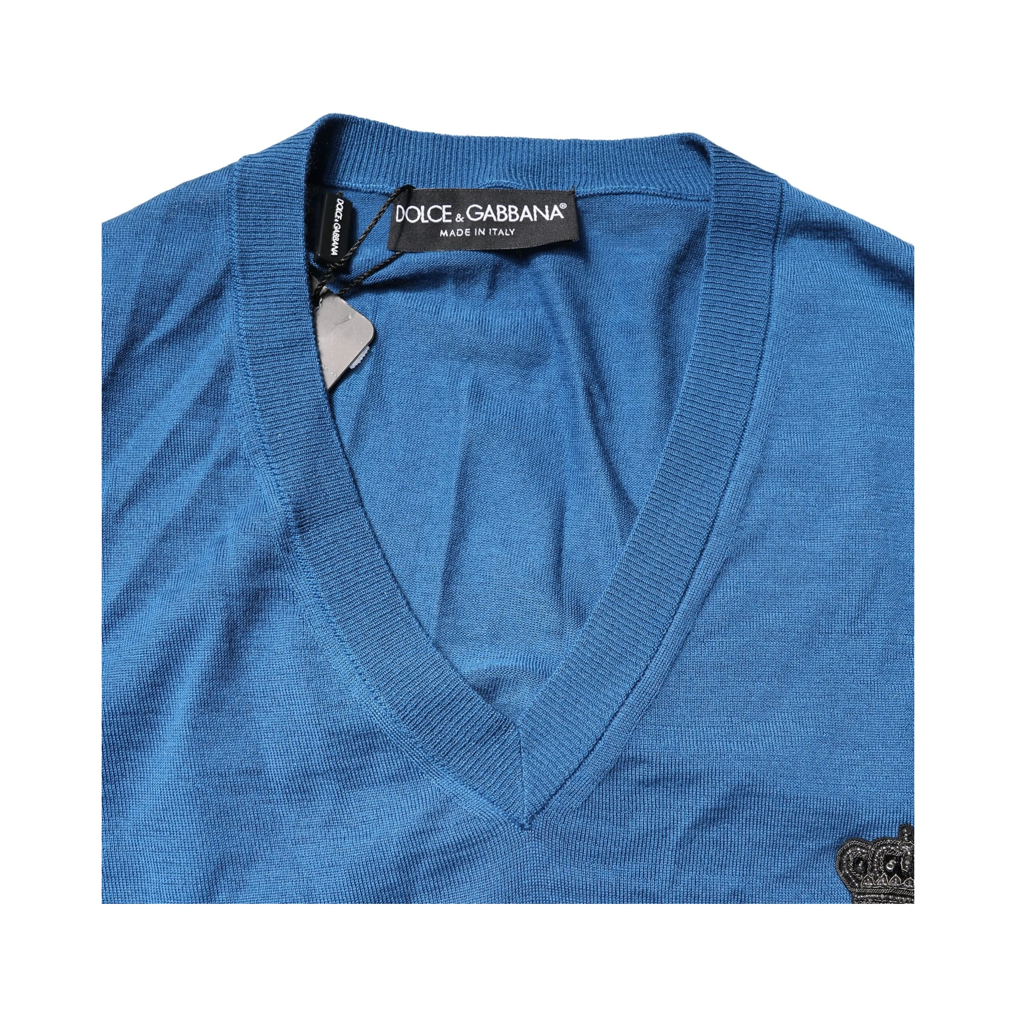 Blue Cashmere Crown V-neck Pullover Sweater