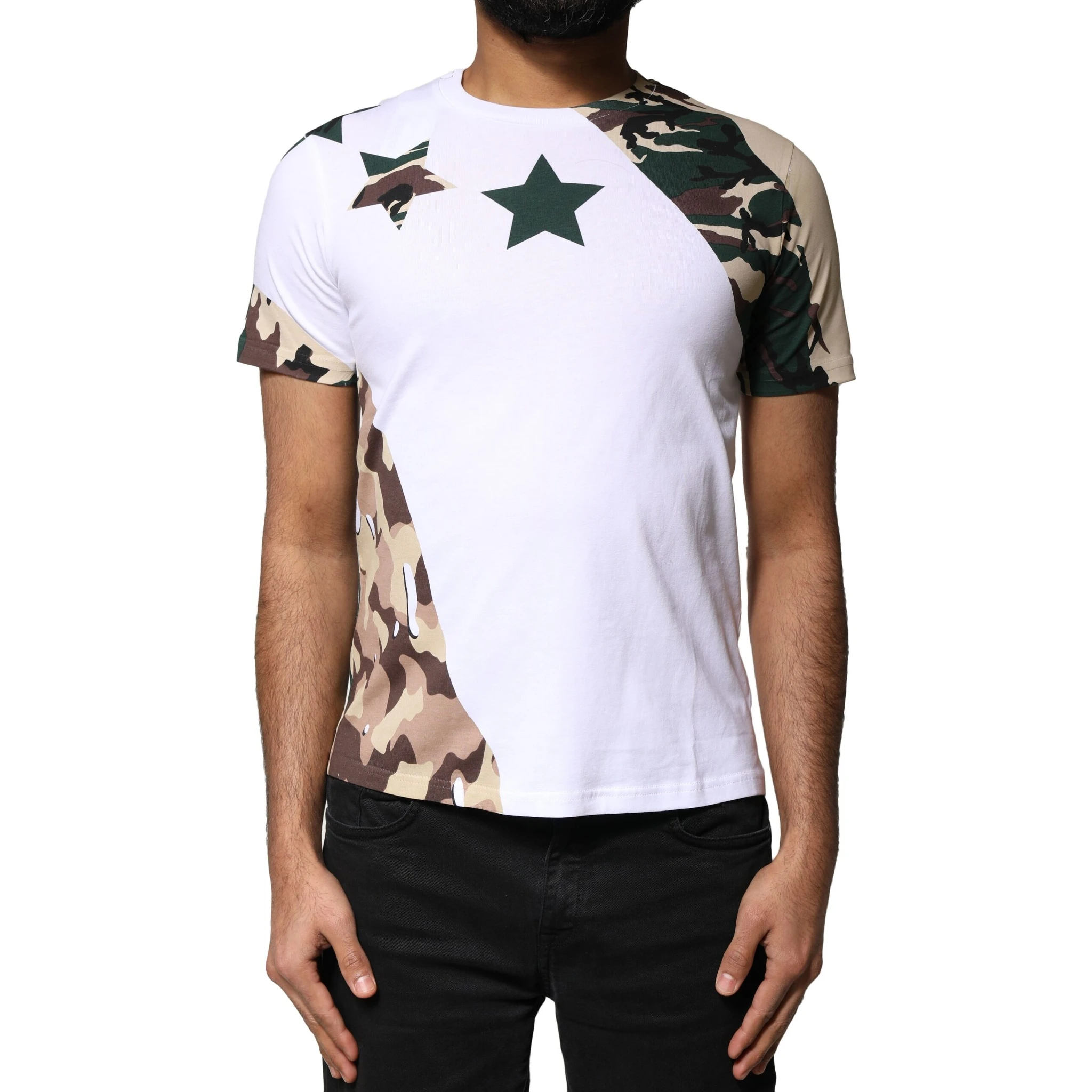 White Camouflage Stars Crew Neck T-shirt