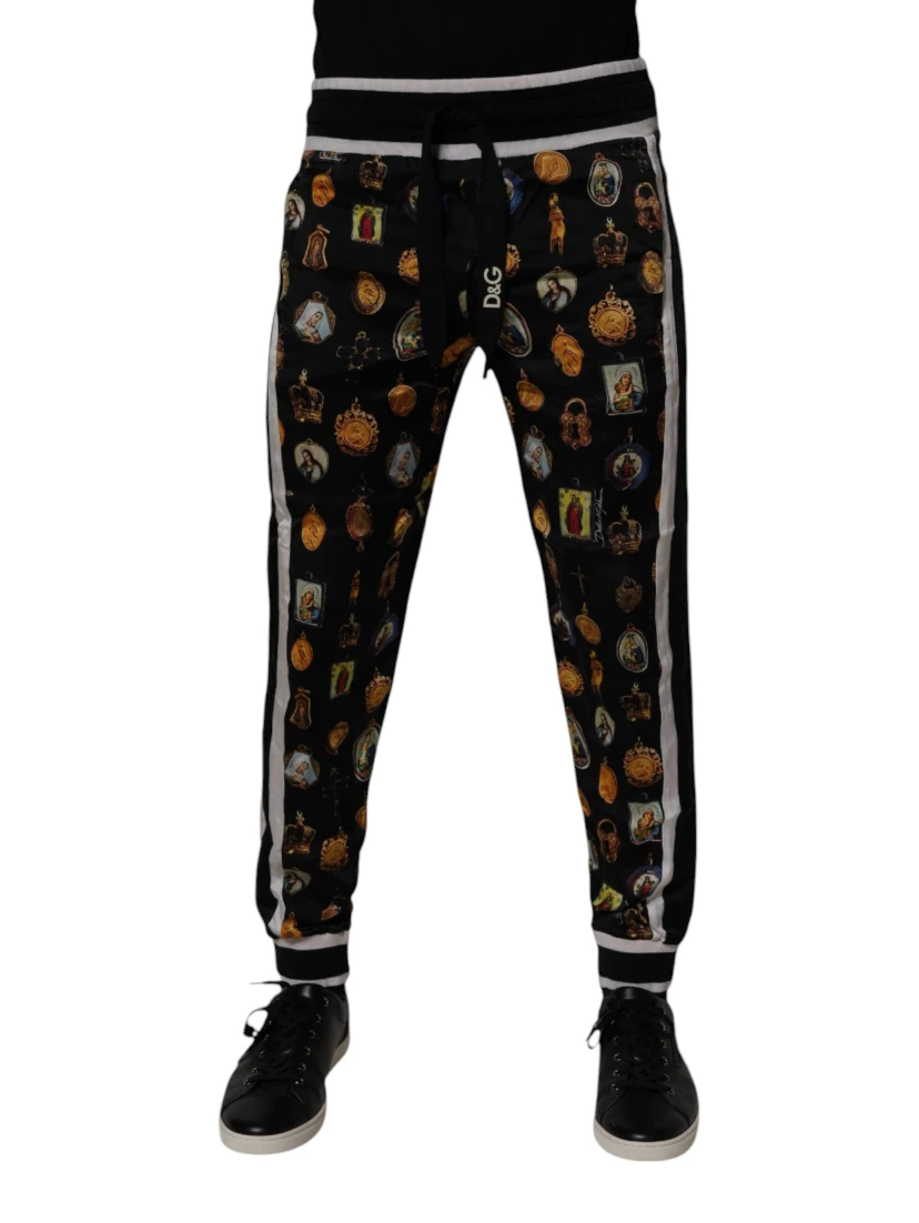 Black Religious Print Silk Men Jogger Pants