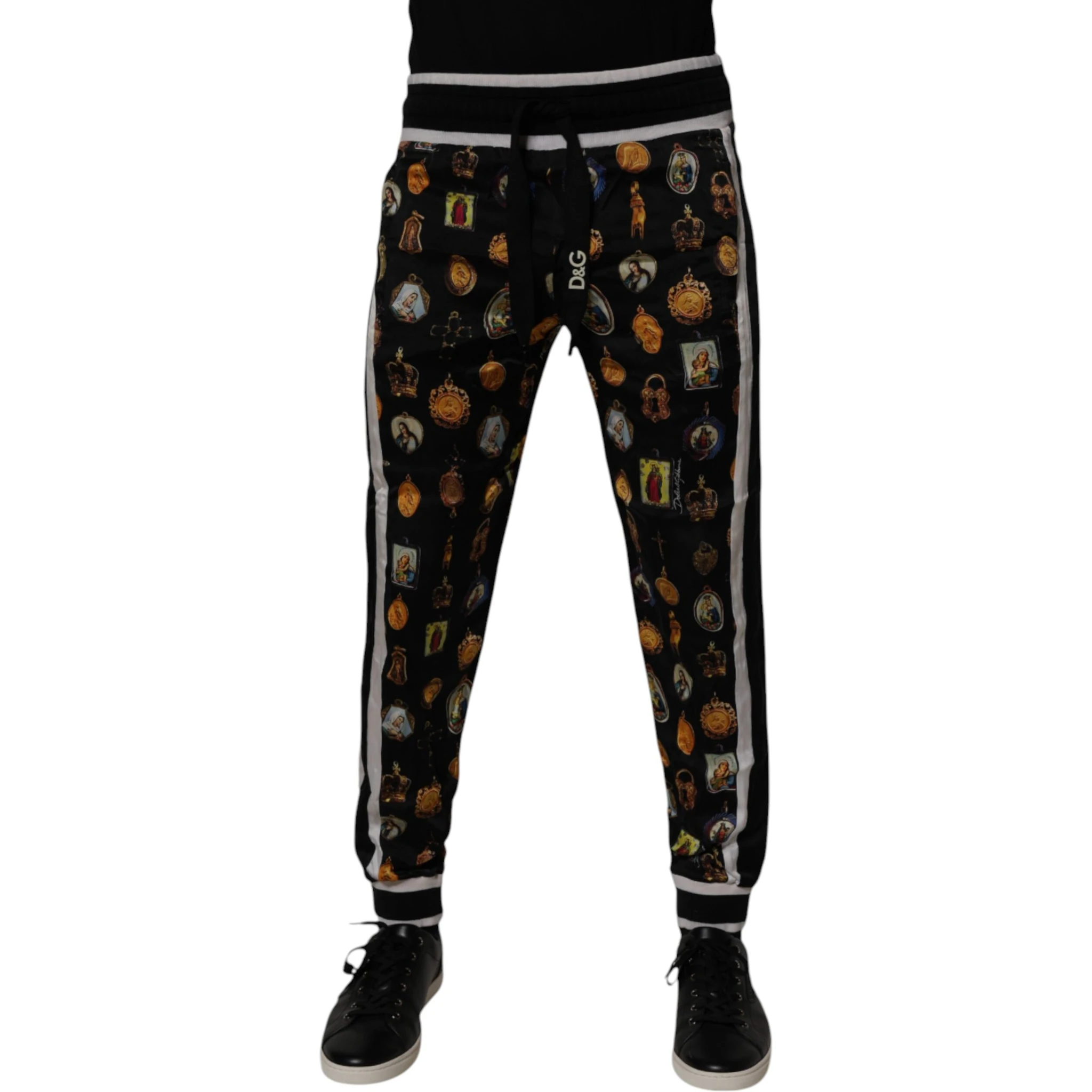 Black Religious Print Silk Men Jogger Pants