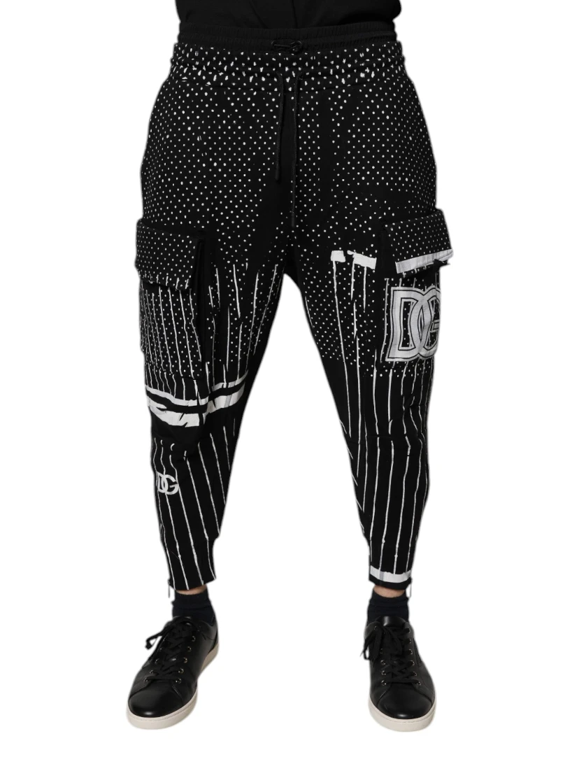 Black Polka Dot Stripes Cargo Jogger Sweatpants Pants