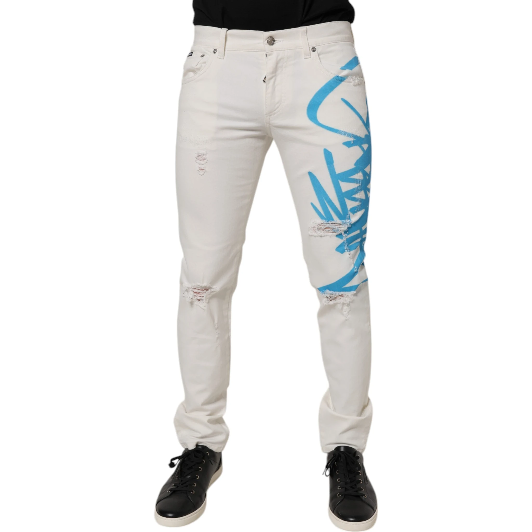 White Tattered Graffiti Skinny Denim Jeans