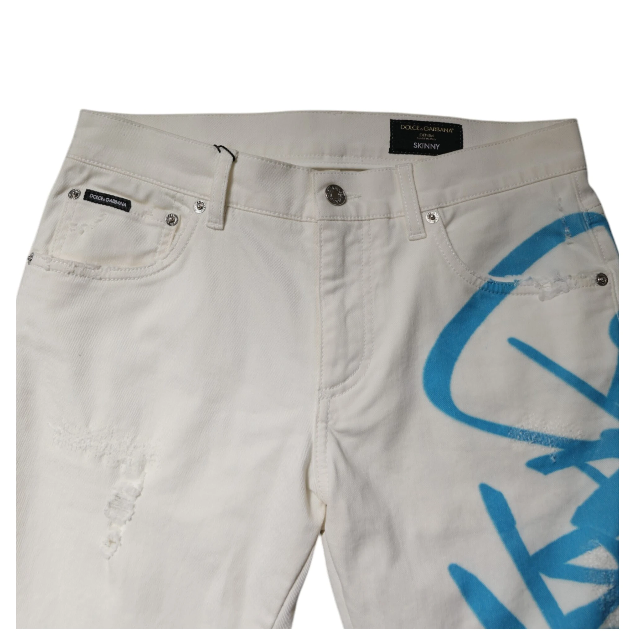 White Tattered Graffiti Skinny Denim Jeans