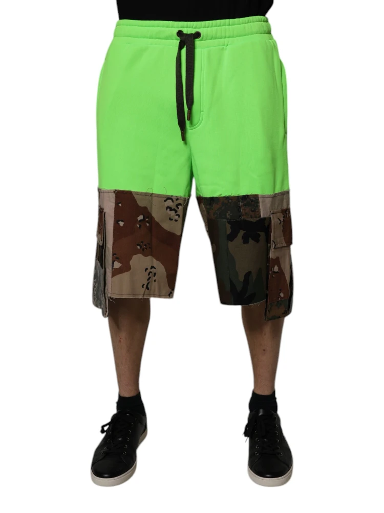 Green Patchwork Cargo Bermuda Shorts