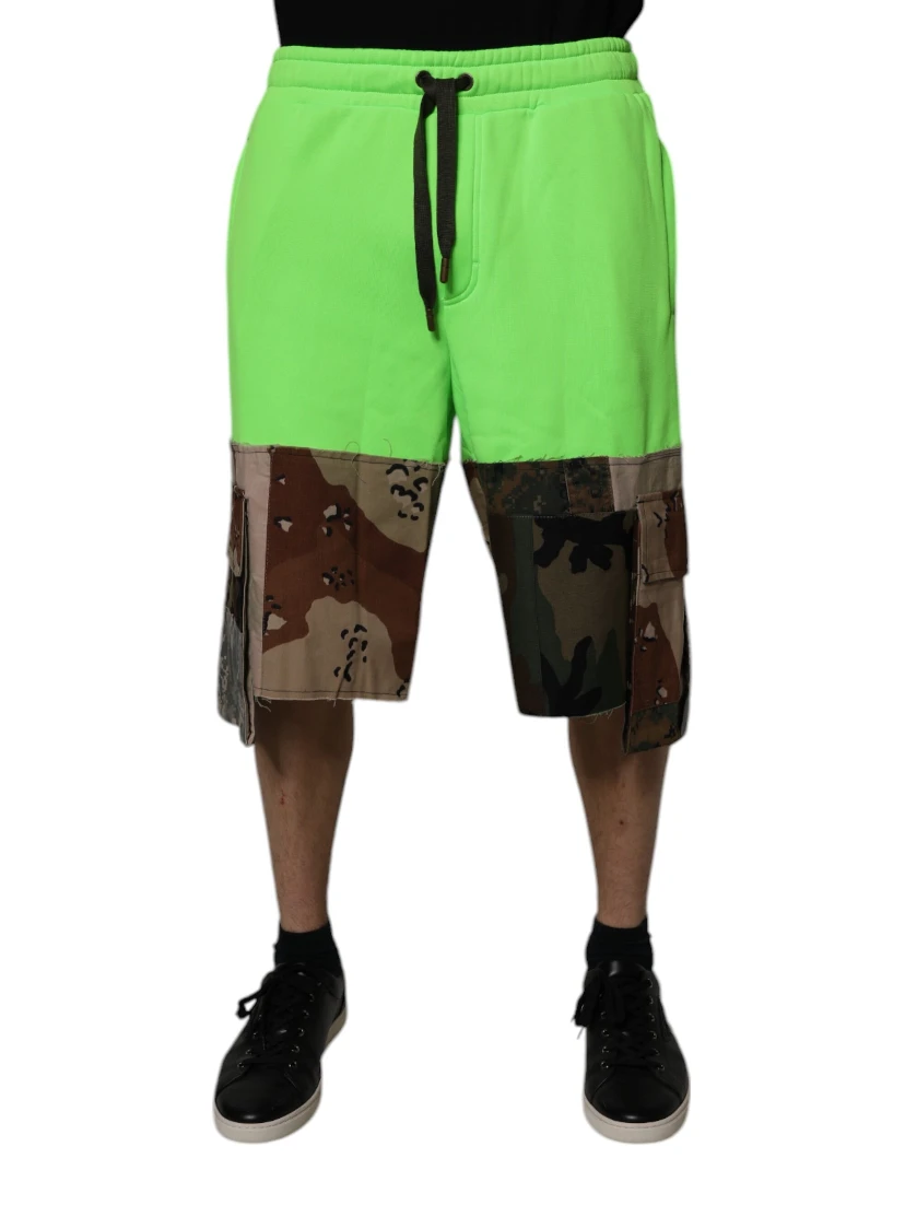Green Patchwork Cargo Bermuda Shorts