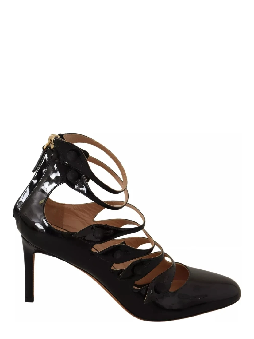 Black Multi Strap Leather Mid Heels Pumps Shoes