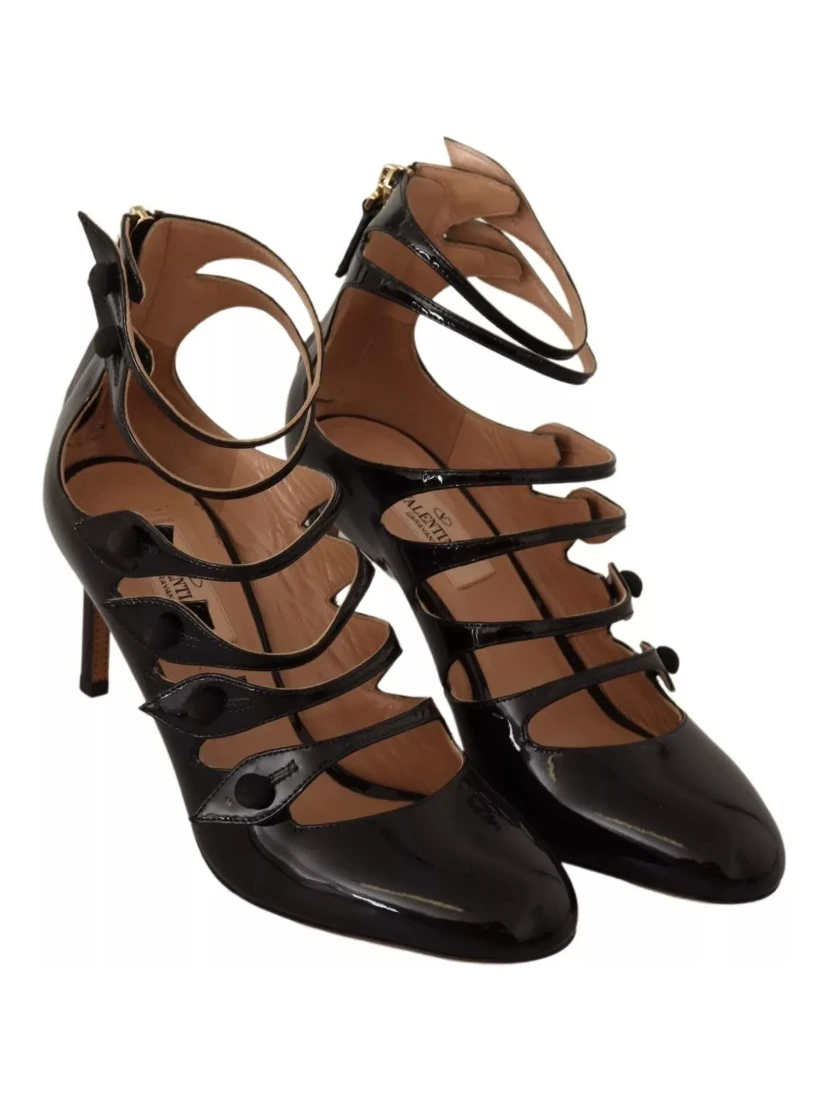 Black Multi Strap Leather Mid Heels Pumps Shoes