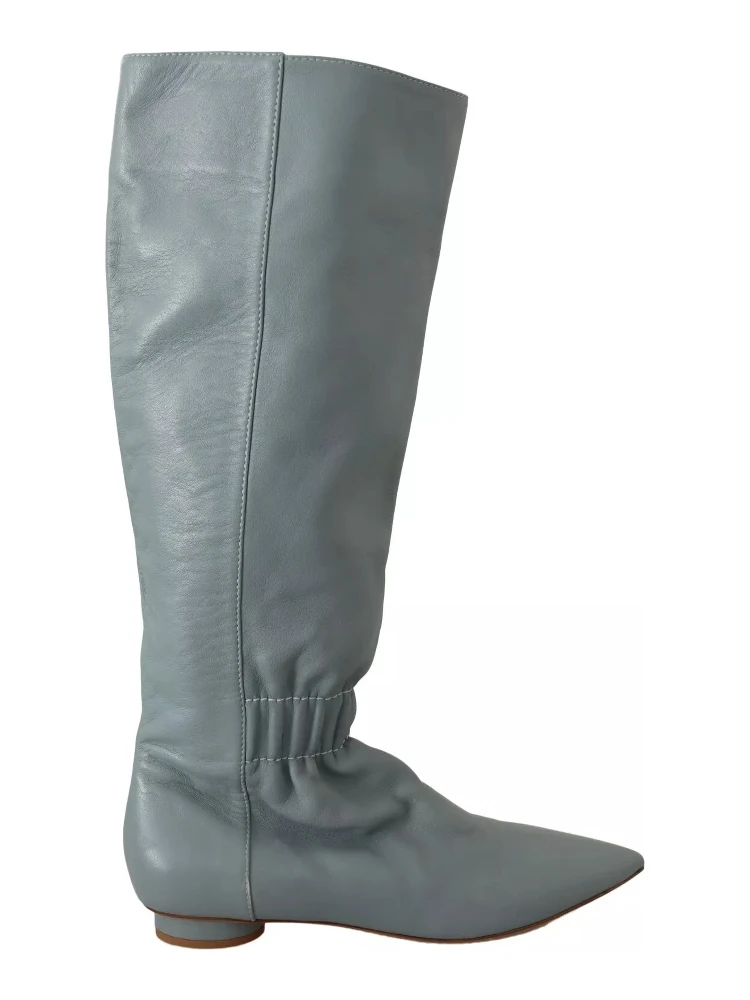 Blue Leather Elastic Flats Pull On Knee High Boots Shoes