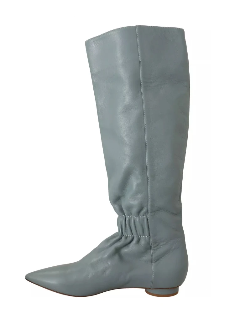 Blue Leather Elastic Flats Pull On Knee High Boots Shoes alternative