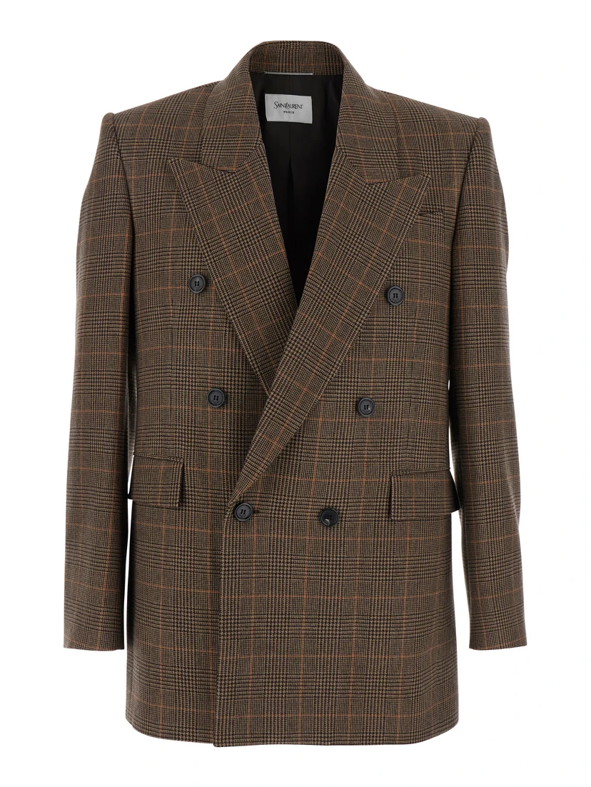 Brown Double-Breasted Jacket with Peak Revers and Stripe Motif in Wool Man