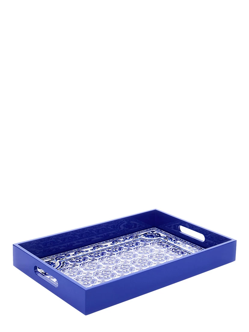 Blue and White Rectangular Tray with Blu Mediterraneo Print in Lacquered Wood