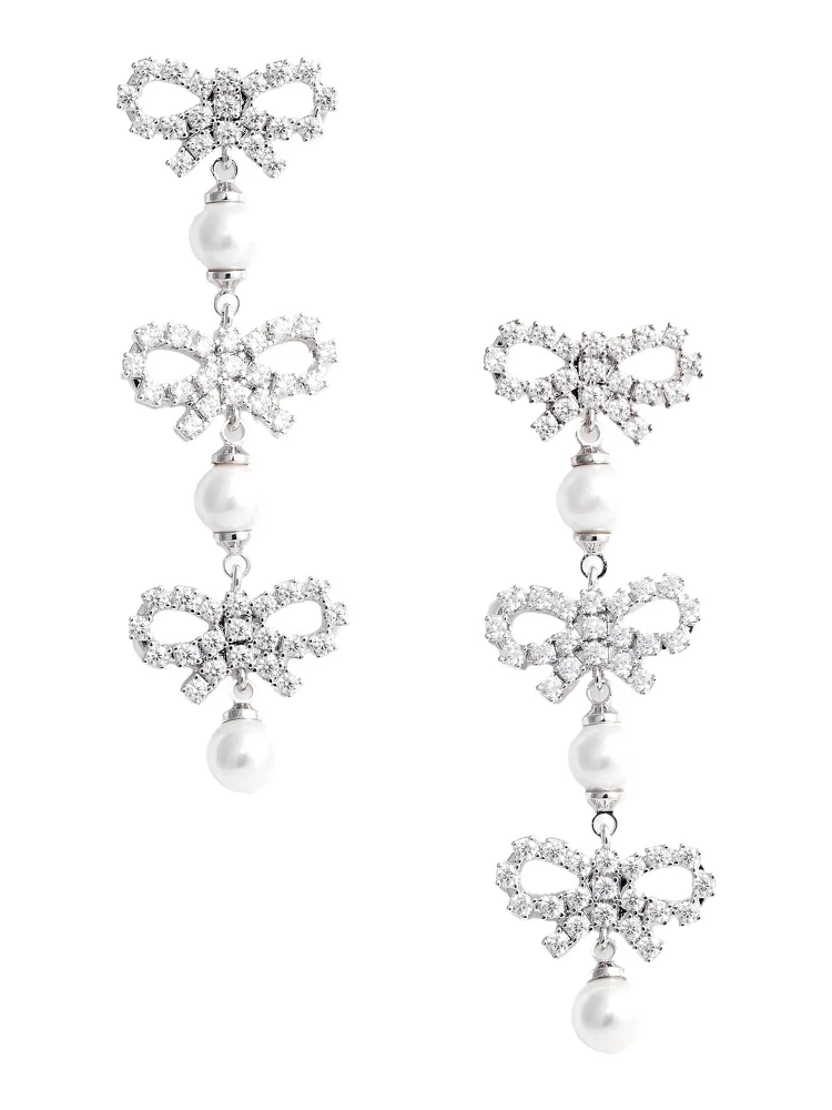 Metallic Tiered Earing with Bow Charm and Crystal Embellishments in Brass Woman