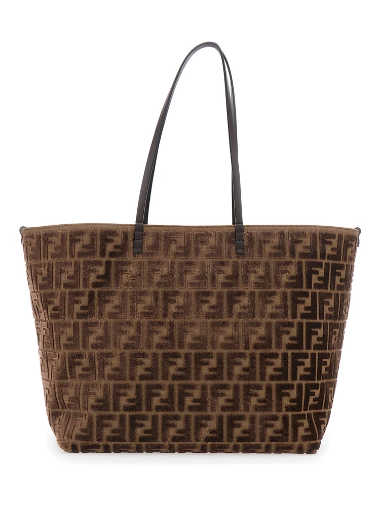 Roll Large Brown Shopper with All-Over FF Motif in Cotton Blend with Sponge Effect Woman alternative