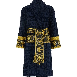 Baroque Blue Bathrobe with All-Over Logo Print in Cotton Home