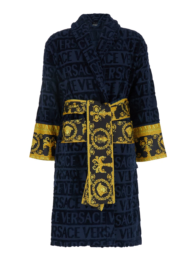 Baroque Blue Bathrobe with All-Over Logo Print in Cotton Home