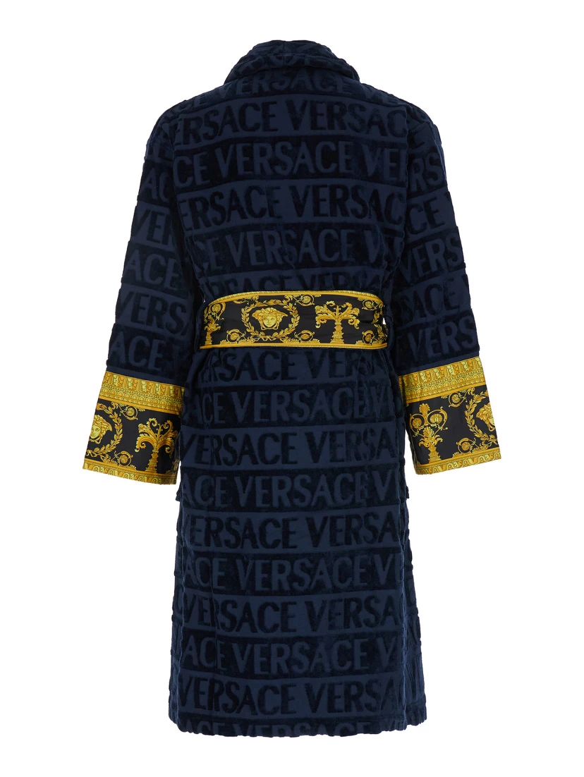 Baroque Blue Bathrobe with All-Over Logo Print in Cotton Home