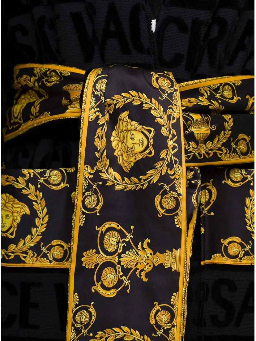 Black Bathrobe with Baroque Pattern in Terry Cotton Versace Home