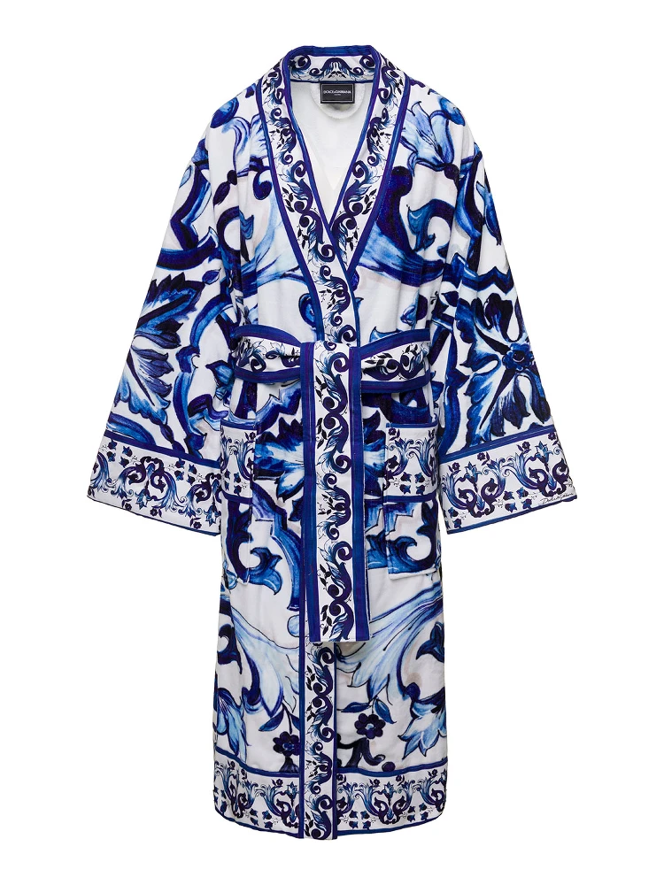Multicolor Kimono Bathrobe with All-Over Blu Mediterraneo Print in Cotton Dolce & Gabbana