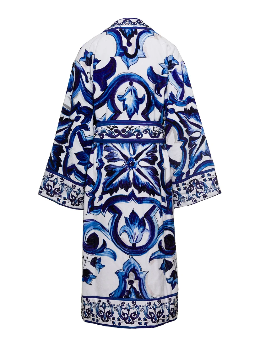 Multicolor Kimono Bathrobe with All-Over Blu Mediterraneo Print in Cotton Dolce & Gabbana