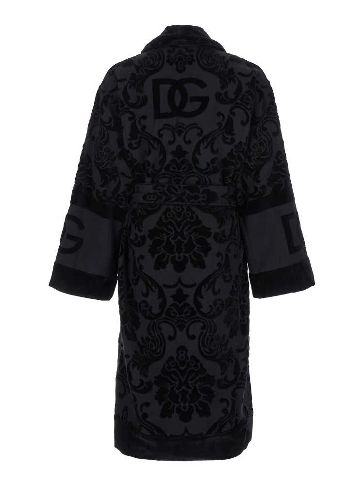 Black Bath Robe with Matching Belt in Terry Cotton Jacquard
