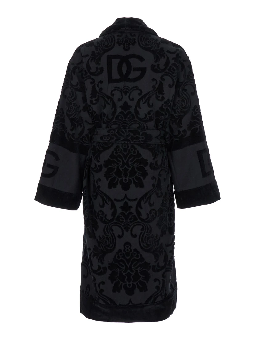 Black Bath Robe with Matching Belt in Terry Cotton Jacquard