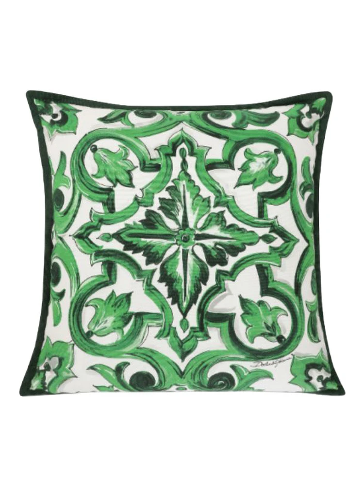 Green and White Small Cushion with All-Over Print in Cotton Home alternative