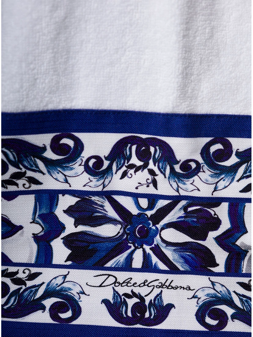 White Kimono Bathrobe with Blu Mediterraneo Trim in Cotton Dolce & Gabbana