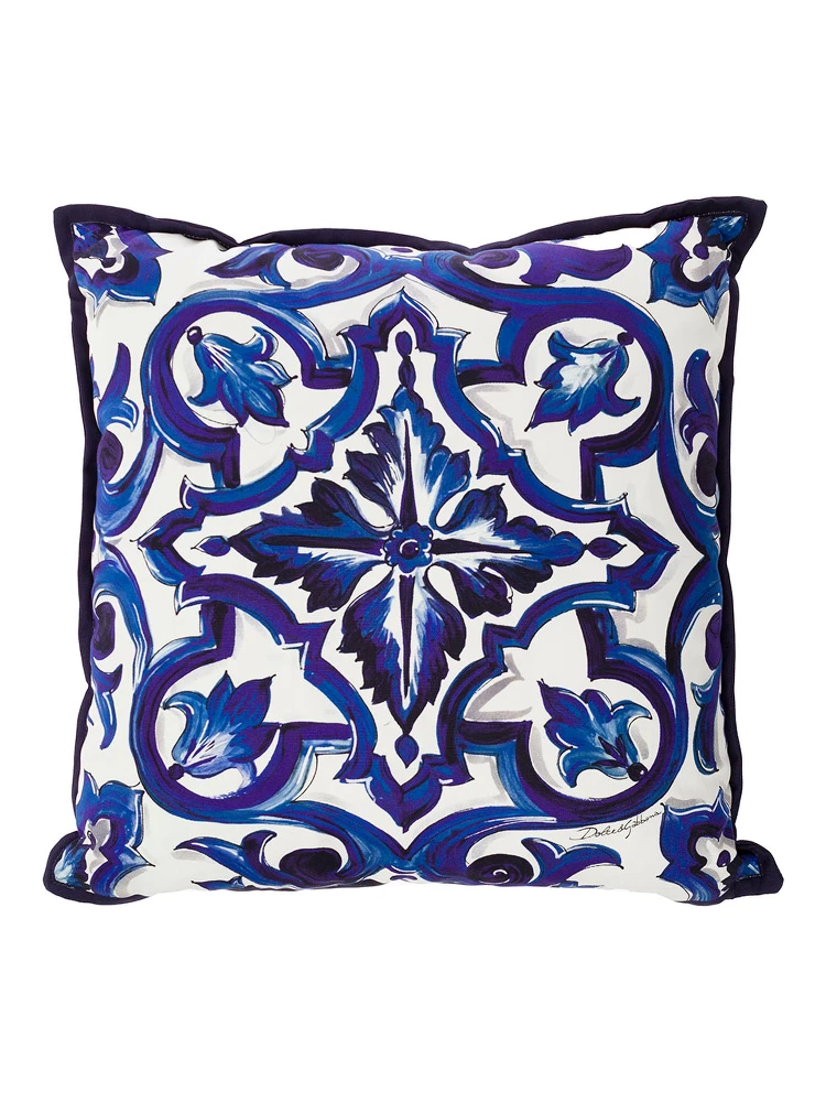 Blue and White Small Cushion with Blue Mediterranean Print in Cotton Dolce & Gabbana