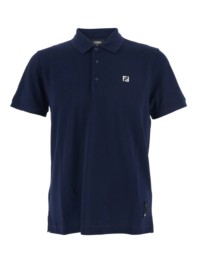 Blue Polo Shirt with Metallic FF Logo on the Front in Cotton Pique Man