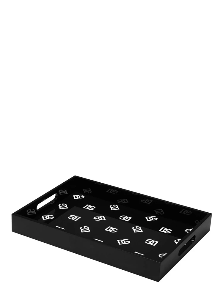 Black Rectangular Tray with All-Over Logo Print in Lacquered Wood Home alternative