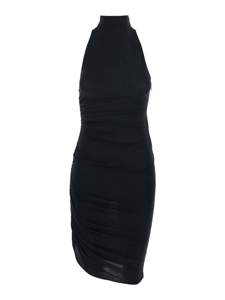 La Robe Piazza Courte Black Dress with High Neck and Ruffle Details in Black Fabric
