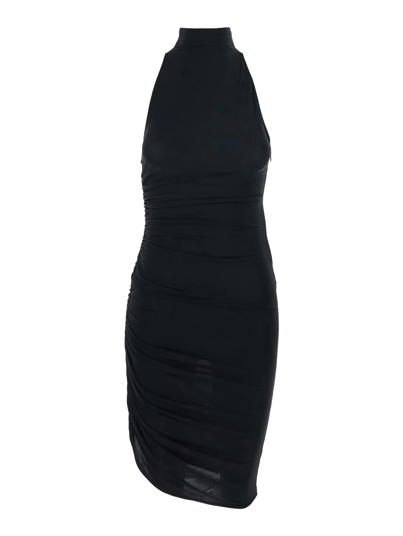 La Robe Piazza Courte Black Dress with High Neck and Ruffle Details in Black Fabric