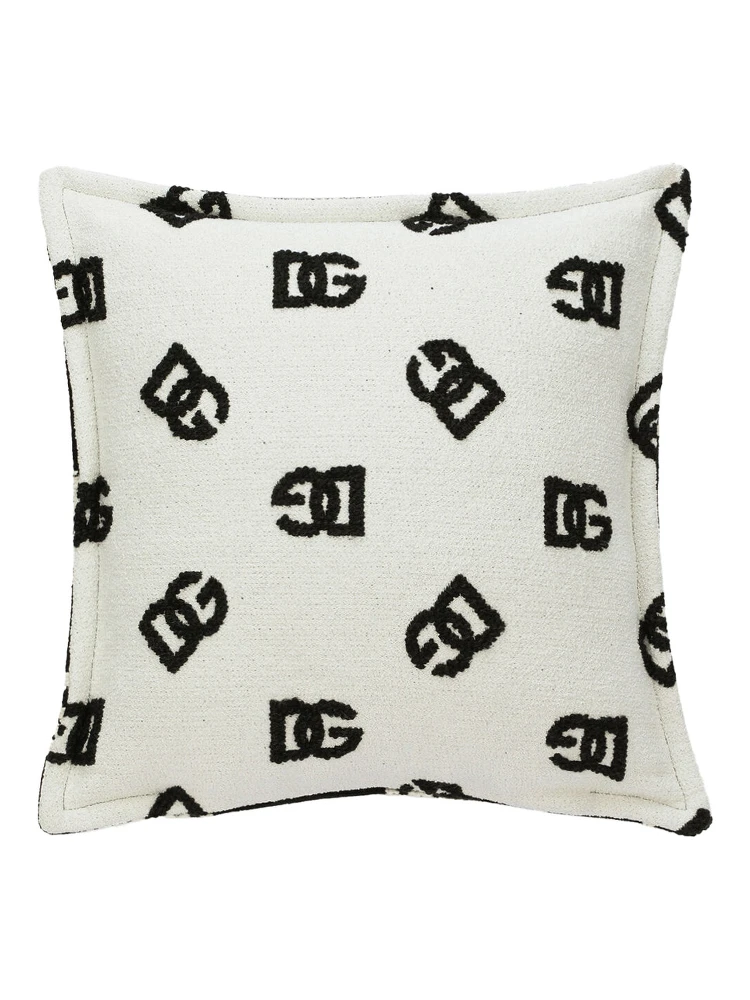 Black and WHite Square Cushion with All-Over Logo Motif in Cotton Home