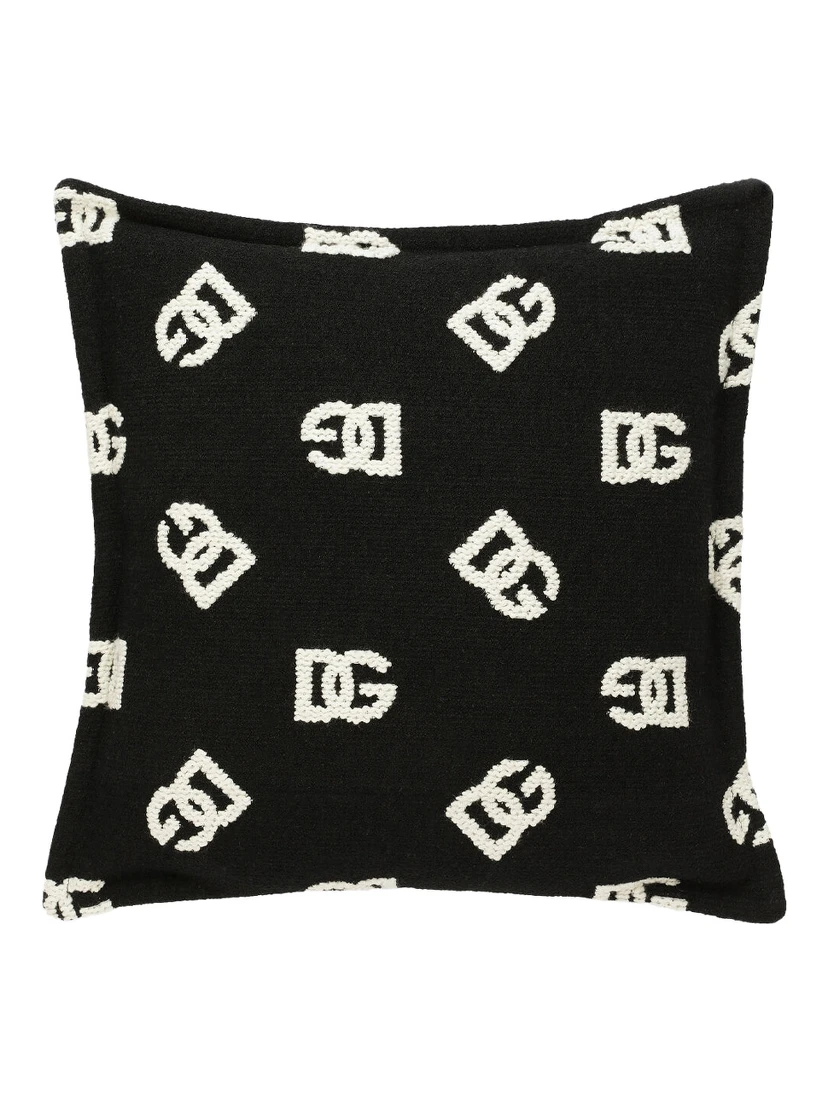 Black and WHite Square Cushion with All-Over Logo Motif in Cotton Home