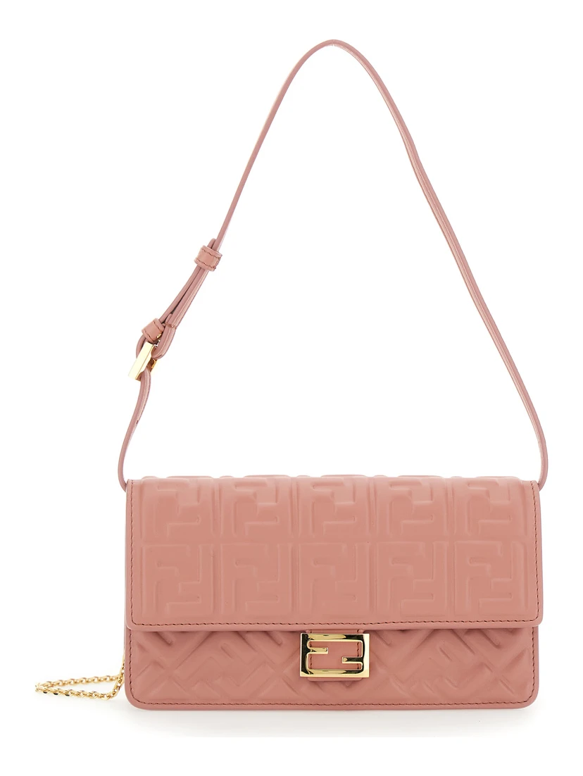Pink Wallet on Chain Baguette with All-Over FF Motif and FF Plaque in Leather Woman